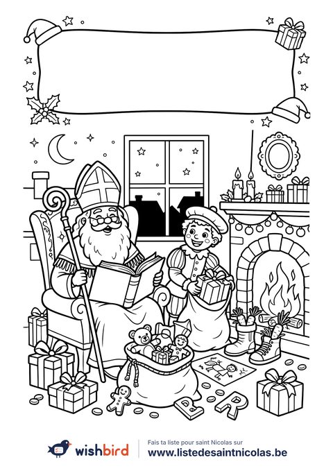 Coloriage saint nicolas : Saint nicolas au coin du feu