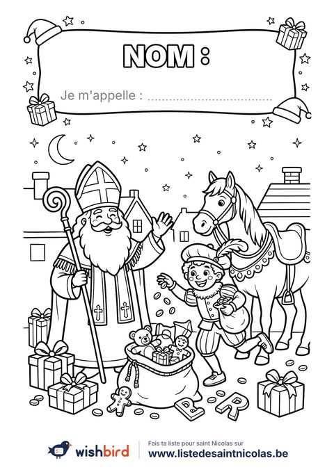 Coloriage saint nicolas : Saint nicolas et son cheval (avec ton nom)