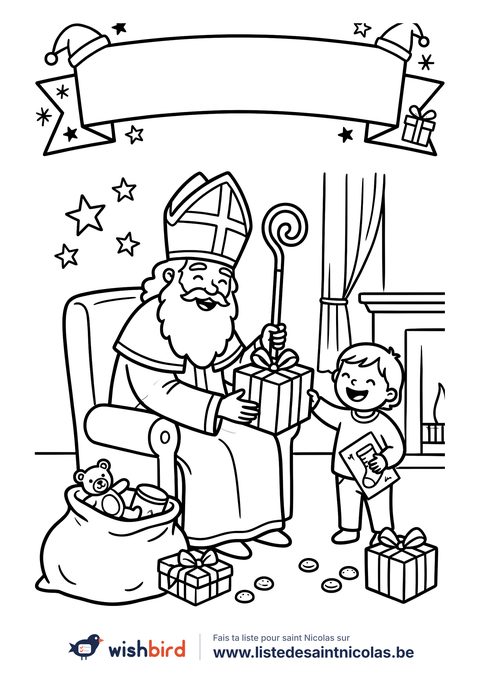 Coloriage saint nicolas : Saint nicolas offre un cadeau